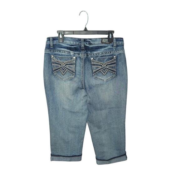 Y2K Style Crop Cuffed Blue Denim Capri Shorts Women’s Rhinestone Pockets Sz 10 - Picture 2 of 6
